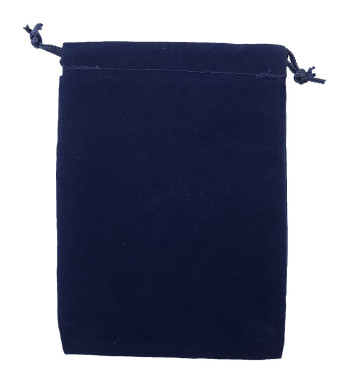 Four and a half inch by five in navy blue velveteen bag with matching drawstring.