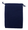 Four and a half inch by five in navy blue velveteen bag with matching drawstring.