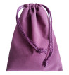 Purple colored drawstring velveteen bag shown closed holding a stone rune set.