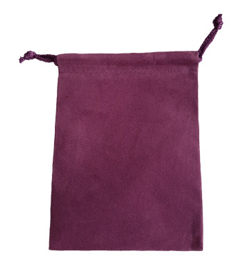 Four and a half inch by five in purple velveteen bag with matching drawstring.