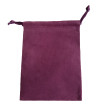 Four and a half inch by five in purple velveteen bag with matching drawstring.