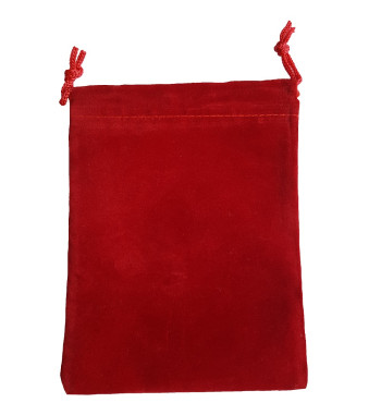 Four and a half inch by five in red velveteen bag with matching drawstring.