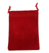 Four and a half inch by five in red velveteen bag with matching drawstring.