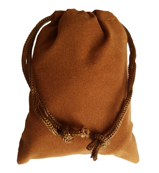 Small brown colored drawstring velveteen bag shown closed holding a stone rune set.