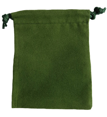 Three inch by four inch green velveteen bag with matching drawstring