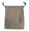 Three inch by four inch grey velveteen bag with matching drawstring