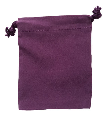 Three inch by four inch purple velveteen bag with matching drawstring