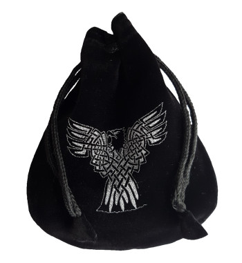 Black and silver Celtic Eagle rune pouch with drawstring closure, shown closed holding a stone rune set.