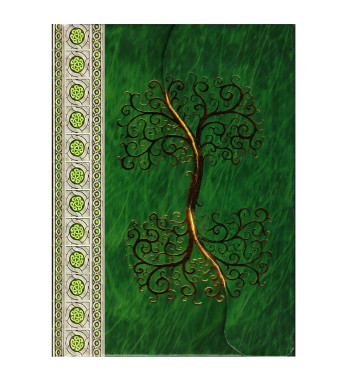 Showing the front cover details of the green Yggdrasil journal