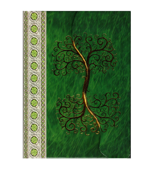 Showing the front cover details of the green Yggdrasil journal