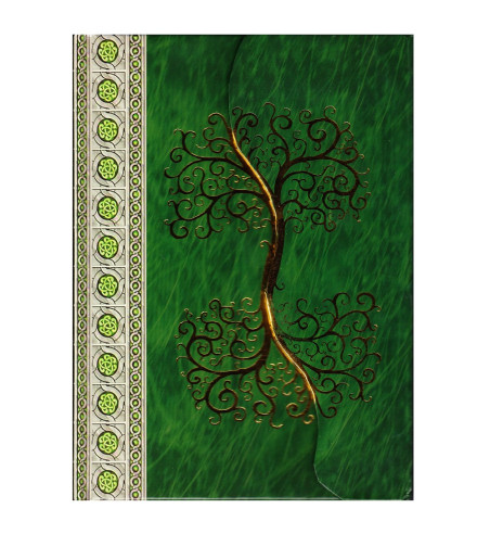 Showing the front cover details of the green Yggdrasil journal