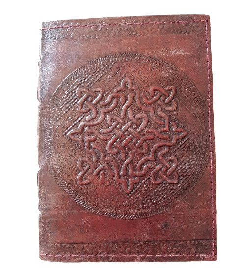 Brown leather Celtic knotwork journal with large circular embossed knotwork design with top and bottom floral border.