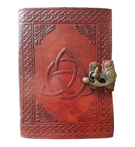 Brown Leather Triquetra Journal is embossed with a large triquetra design surrounded by a Celtic knotwork border.