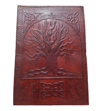 Brown Leather Yggdrasil Journal with embossed image of Yggdrasil, leaf and Celtic knotwork designs.