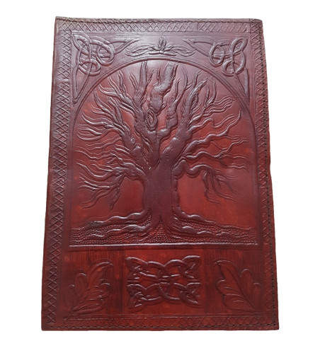 Brown Leather Yggdrasil Journal with embossed image of Yggdrasil, leaf and Celtic knotwork designs.