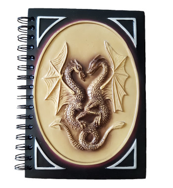 Resin covered Dragon journal features a brown and black raised double dragon design on its cover.