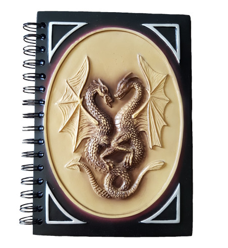 Resin covered Dragon journal features a brown and black raised double dragon design on its cover.