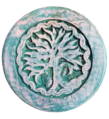 Carved with an image of Yggdrasil this green altar table is accented with varying colors.