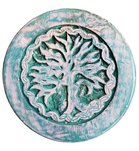 Carved with an image of Yggdrasil this green altar table is accented with varying colors.