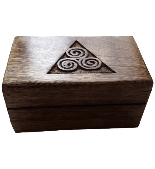 The wooden Triskele box measures four inches by six inches.