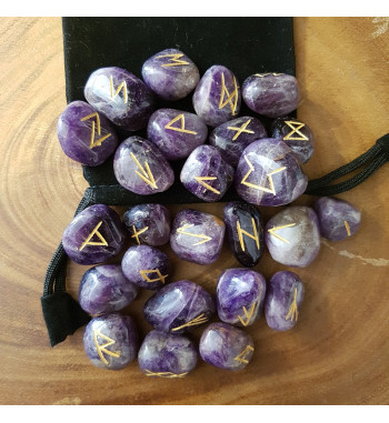 Tumbled smooth Amethyst runes feature gold colored Elder Futhark runes and come with a black velveteen rune pouch.