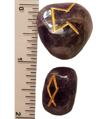 Tumbled smooth Amethyst runes feature gold colored Elder Futhark runes and come with a black velveteen rune pouch.