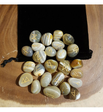 Tumbled smooth Banded Agate runes feature gold colored Elder Futhark runes and come with a black velveteen rune pouch.