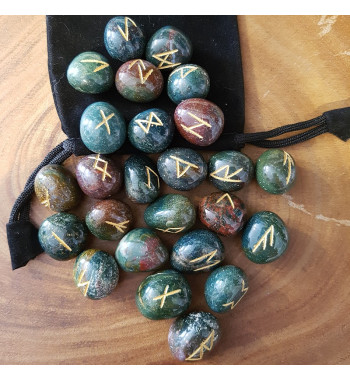 Tumbled smooth Bloodstone stone runes feature gold colored Elder Futhark runes and come with a black velveteen rune pouch.