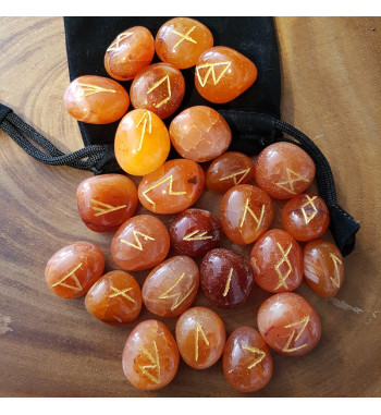 Set of 25 Carnelian rune stones featuring the Elder Futhark runes in gold lettering.  Each set comes with a black rune pouch.