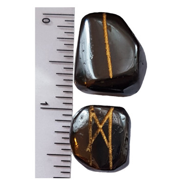 Tumbled Hematite stone runes feature gold colored Elder Futhark and come with a black velveteen rune pouch.