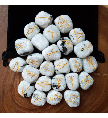 White Rainbow Moonstone runes feature gold colored Elder Futhark runes.  Each set of runes comes with a black rune pouch.