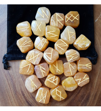 Peach Aventurine runes feature gold colored Elder Futhark runes.  All sets come with a black velveteen rune pouch.