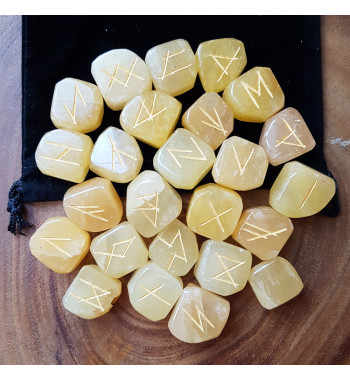 Set of 25 Yellow Aventurine rune stones with the Elder Futhark engraved in gold lettering.  Sets come with a black rune bag.