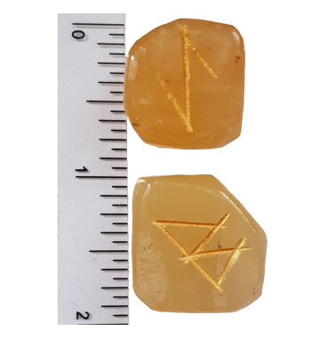 Set of 25 Yellow Aventurine rune stones with the Elder Futhark engraved in gold lettering.  Sets come with a black rune bag.