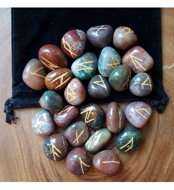 Fancy Jasper runes feature gold colored Elder Futhark runes and come with a black velveteen rune pouch.