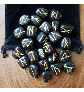 Black Jasper runes feature gold colored Elder Futhark runes.  Each set comes with a black velveteen rune pouch.