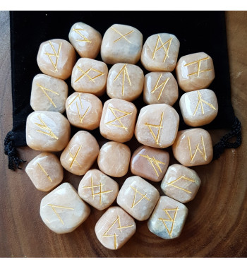 Cream Moonstone Runes made of large moonstones engraved with the Elder Futhark runes.  Set includes rune bag.