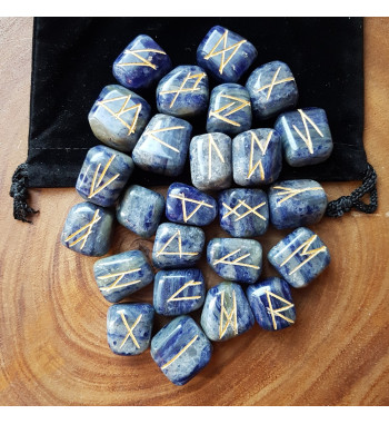 Blue Sodalite Runes with golden Elder Futhark markings.  Each set comes with a black rune pouch.