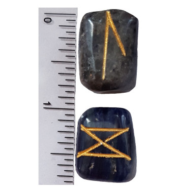 Blue Sodalite Runes with golden Elder Futhark markings.  Each set comes with a black rune pouch.