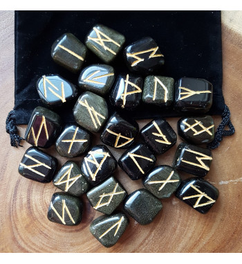 Rainbow Obsidian Runes feature golden colored Elder Futhark markings.  Each set comes with a black rune bag.