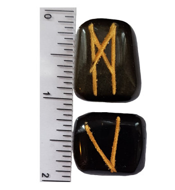 Rainbow Obsidian Runes feature golden colored Elder Futhark markings.  Each set comes with a black rune bag.