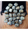 Labradorite Runes with golden Elder Futhark markings.  Each set includes a black rune bag.