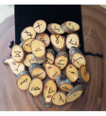 Honey Locust rune set featuring the Elder Futhark burned onto slices of a Honey Locust branch. Set includes rune bag.