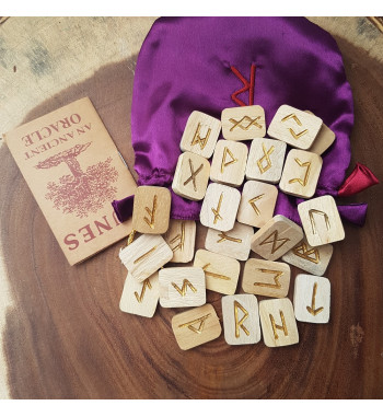 Wooden Rune Tiles with featuring gold Elder Futhark runes. Set includes purple pouch and booklet.