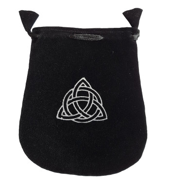 Black and silver triquetra rune bag shown closed holding a stone rune set.