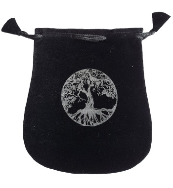 Black and silver Yggdrasil rune bag shown closed holding a stone rune set.