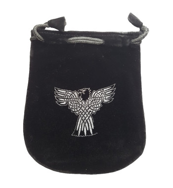 Black and silver Celtic Eagle rune pouch with drawstring closure, shown closed holding a stone rune set.