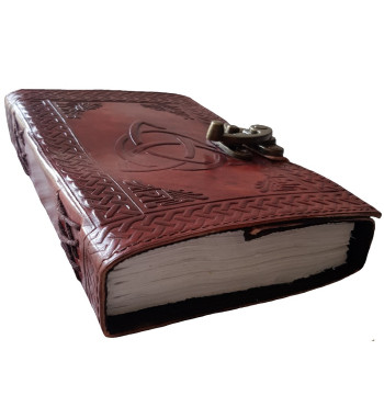 Brown Leather Triquetra Journal is embossed with a large triquetra design surrounded by a Celtic knotwork border.