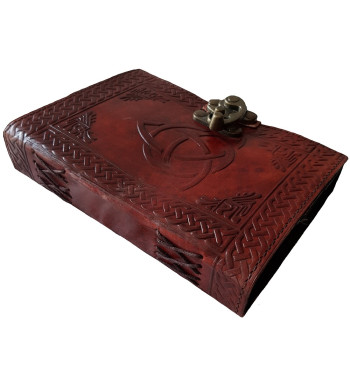 Brown Leather Triquetra Journal is embossed with a large triquetra design surrounded by a Celtic knotwork border.