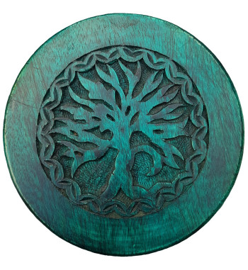 Carved with an image of Yggdrasil this green altar table is accented with varying colors.